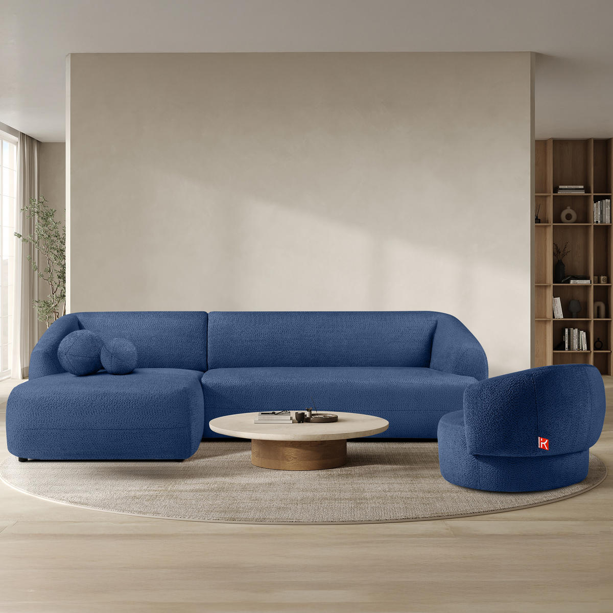 ECKSOFA LINKS VIRA, Blau, Chenille - Blau/Schwarz, Holz/Holzwerkstoff (300/160cm) - KONSIMO®