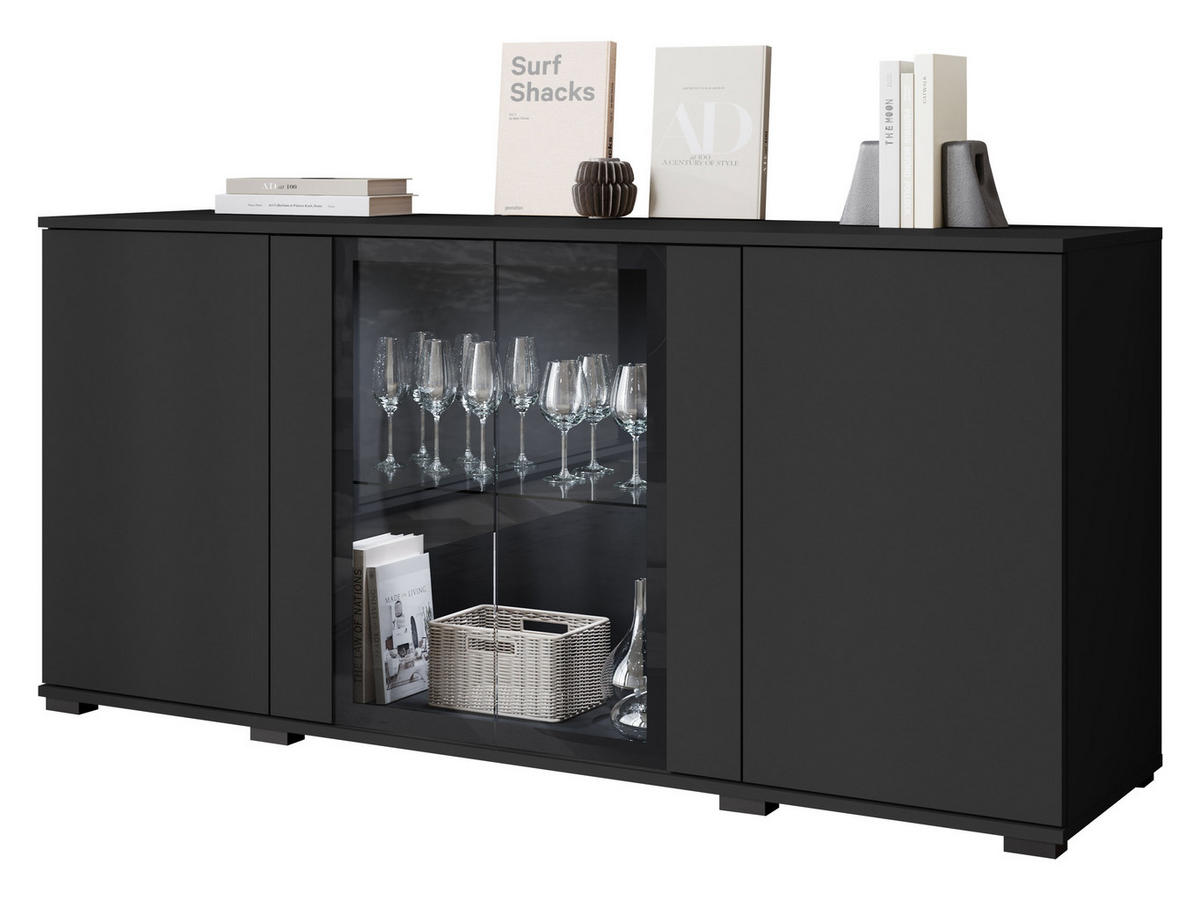 KOMMODE Caro SB 154 4D mit weißer LED Beleuchtung - Schwarz, Holzwerkstoff/Kunststoff (150/70/40cm) - MIRJAN24