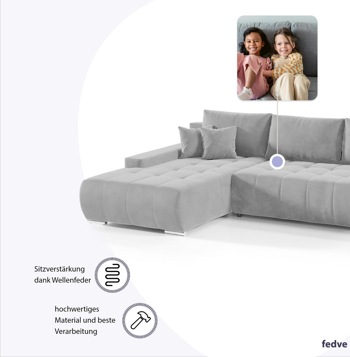 ECKSOFA mit Schlaffunktion Dhaka L, Hellgrau - Hellgrau, Textil (185/265cm) - Fedve