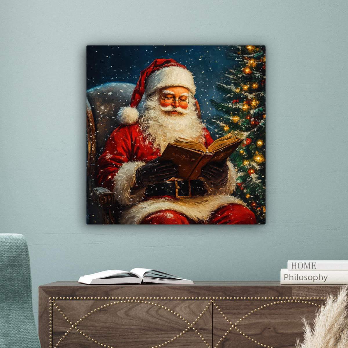 LEINWANDBILD Weihnachtsmann - Weihnachten - Winter - Weihnachtsbaum Wandbild Wohnzimmer 50x50 cm - Bordeaux, Textil (50/50cm) - MuchoWow