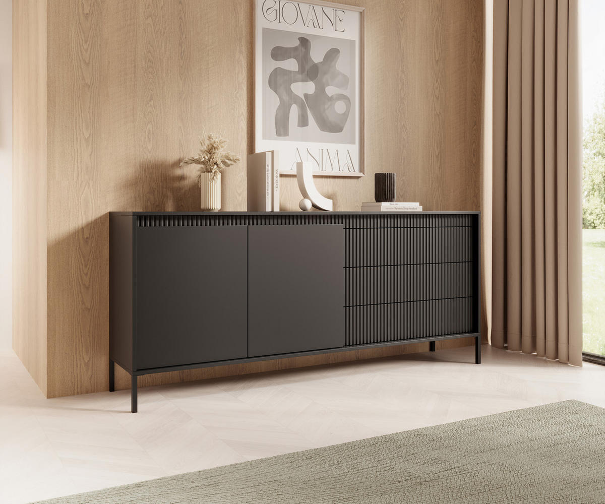 SIDEBOARD Trentinis 2T 3S Schwarz 187,1/41,4/39,5 cm – Geriffelten Fronten - Schwarz, Holzwerkstoff/Metall (187.1/41.4/39.5cm) - AX Living