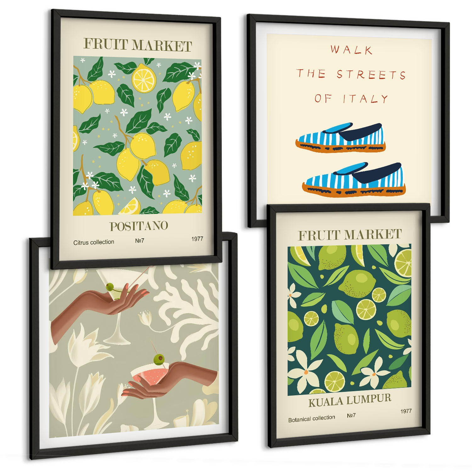 BILDER SET 4er Set - 50x50 cm & 40x60 cm Schwarzer Rahmen - Italienische Poster mit Fruchtmotiven - Schwarz, Kunststoff (50/50cm) - TULUP