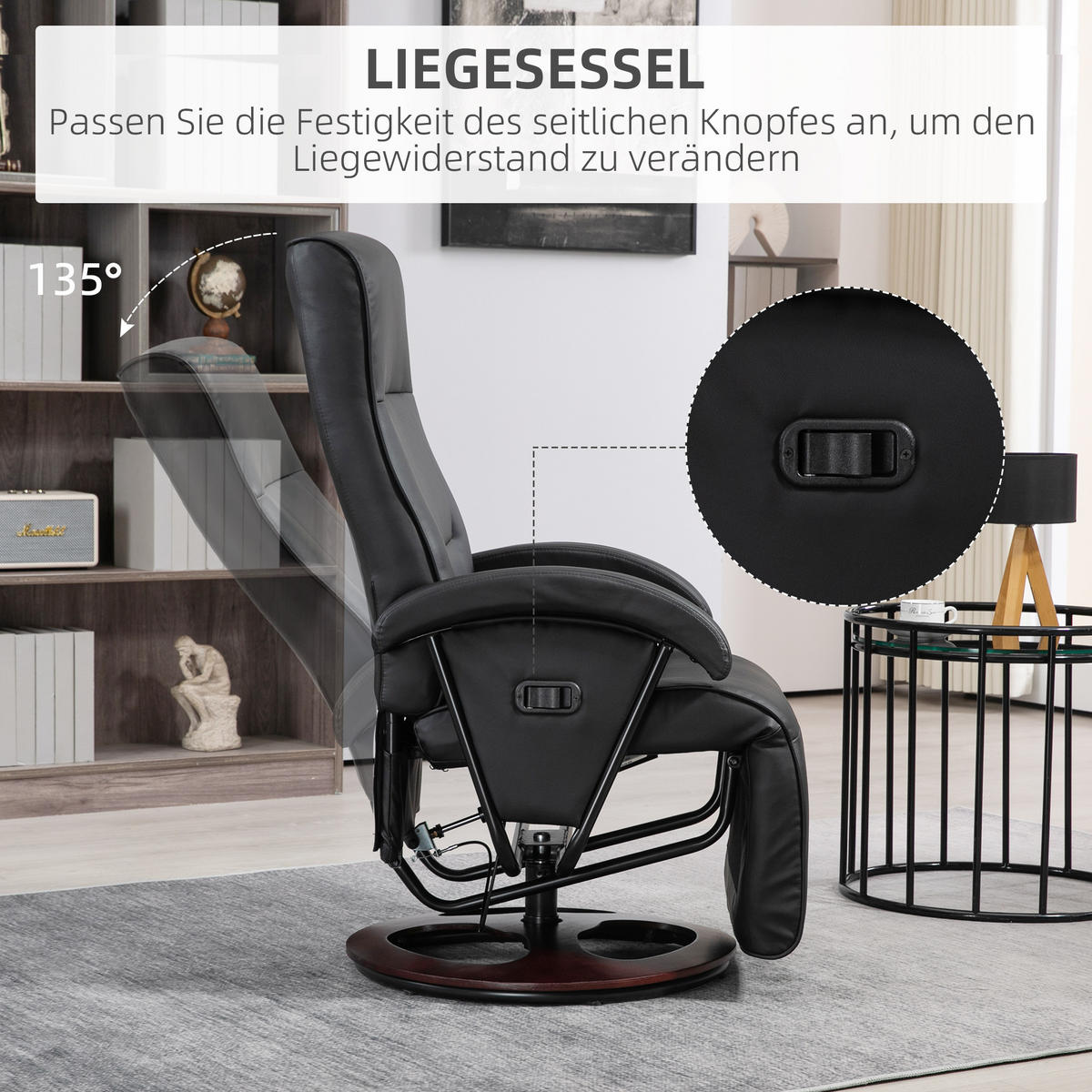RELAXSESSEL mit Liegefunktion 86 x 66 x 107 cm Schwarz - Schwarz, Kunststoff (66/107/86cm) - HOMCOM