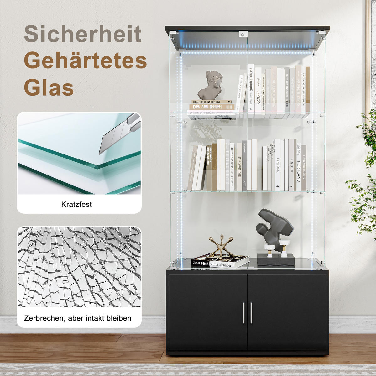 VITRINE mit Doppelglasfront, 3 Glasablagen & zweitürigem Unterschrank, LED-Lichtleiste, Schwarz - Schwarz, Glas/Holz (78.51/164/35cm) - BRILVERDE