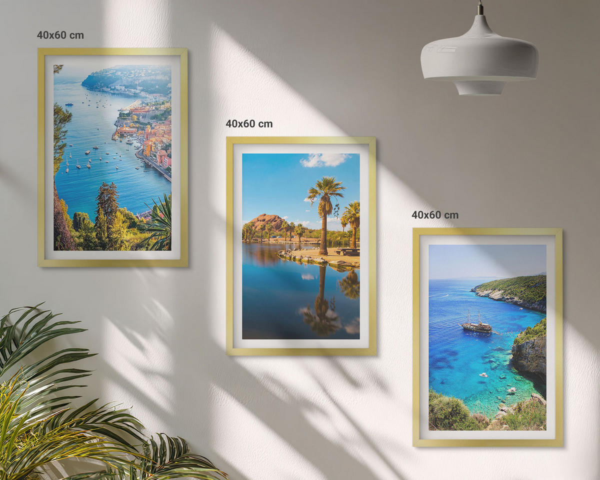 WANDBILDER 3er Set - 40x60 cm Goldrahmen - Palmen am Meer, blaues Wasser - Goldfarben, Kunststoff (40/60cm) - ArtPrintCave