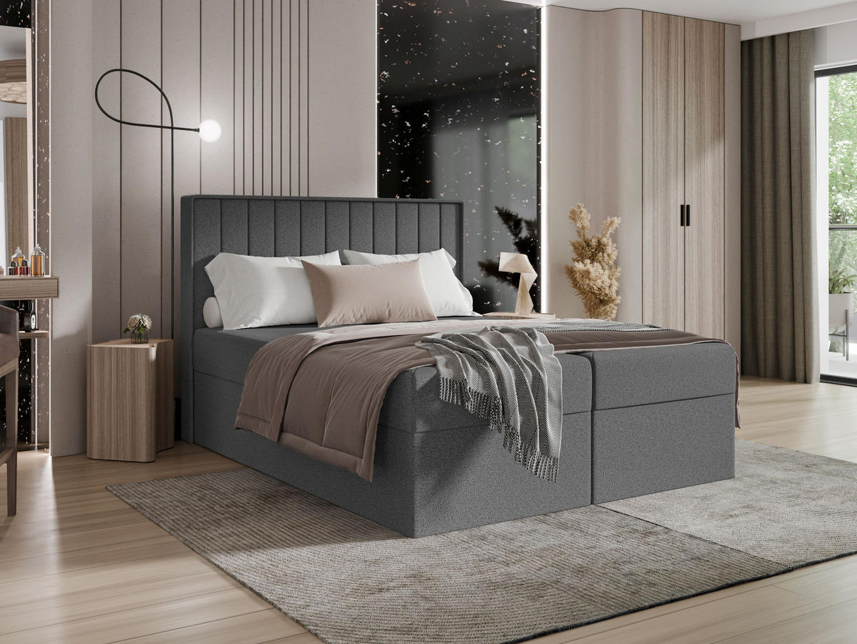 BOXBETT - Taschenmatratze + Topper 140x200 grau Bouclé - Grau, Holz/Holzwerkstoff (140/200cm) - SIMKAM Furniture