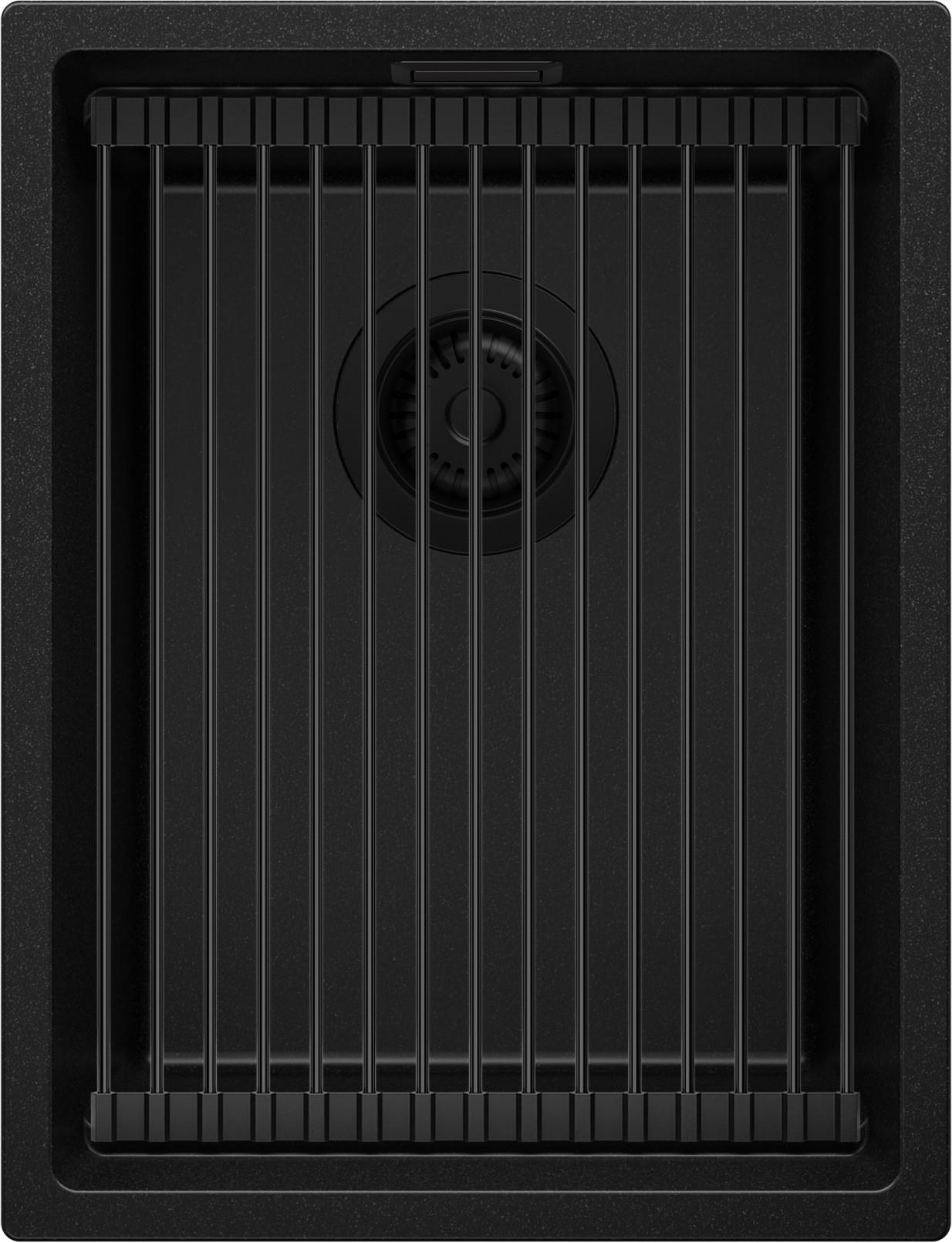 SPÜLBECKEN Praga Slim, 2-er set Alles Schwarz 36/47 cm 1 Becken + Ablauf-Set + Aufrollbare Abtropffläche ab 40er Unterschrank - Schwarz, Kunststoff (36/20/47cm) - Primagran