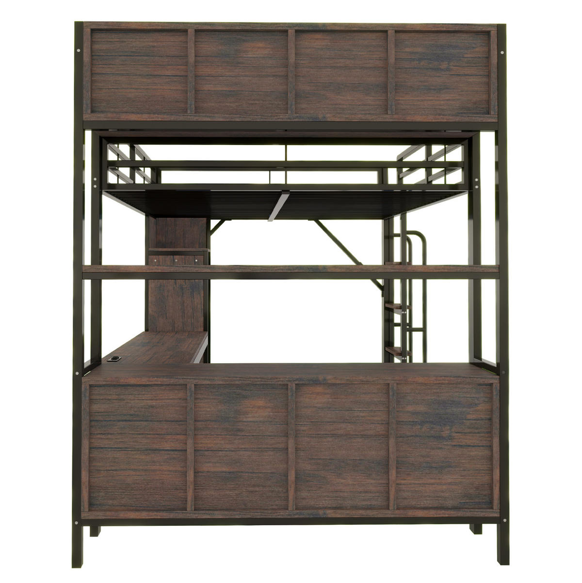 HOCHBETT 140 x 200 cm in Schwarz mit Schreibtisch, Schrank, LED-Beleuchtung und Steckdosen - Schwarz, Metall (140/200cm) - Flora Grace
