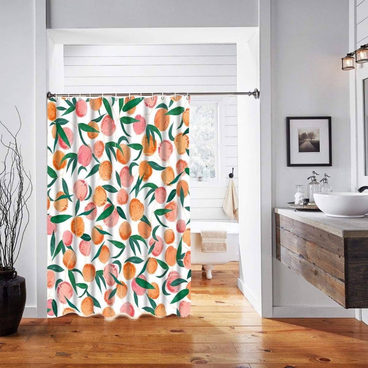 DUSCHVORHANG Bunt Pfirsich Obst Polyester 180 x 180 cm wasserdicht mit Haken - Orange/Grün, Textil (180/180cm) - MCBOSON