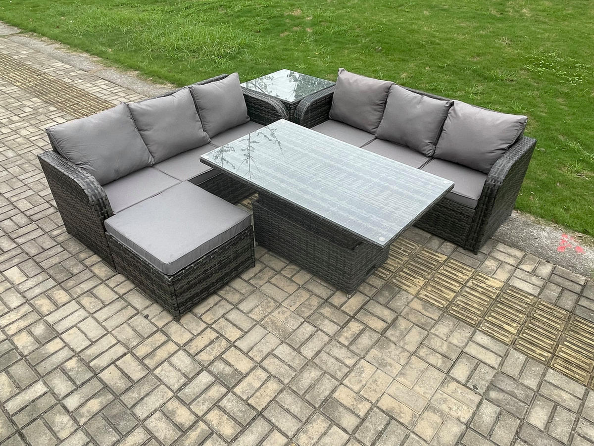 GARTENSOFA SET Polyrattan 7-Sitzer - Dunkelgrau/Grau, Glas/Kunststoff - Fimous