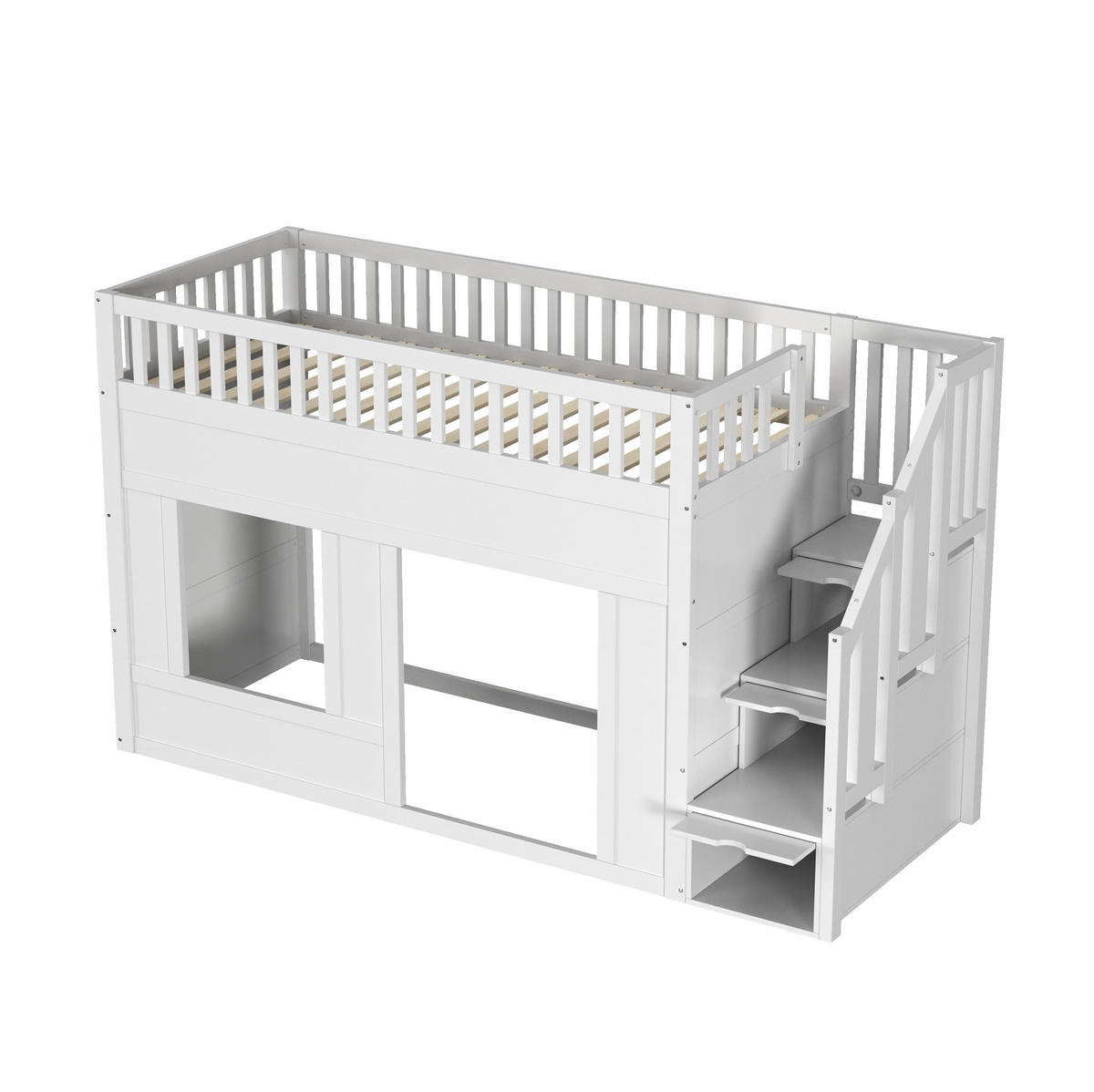 ETAGENBETT 90/200 cm weiß aus Massivholz und MDF mit Treppenschrank - Weiß, Holzwerkstoff (90/200cm) - OKWISH