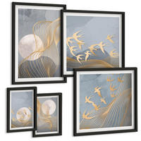 BILDER SET 5er Set - 50x50 cm & 20x30 cm & 40x60 cm Schwarzer Rahmen - Abstrakte Wellenkreise, grau - Schwarz, Kunststoff (40/60cm) - TULUP