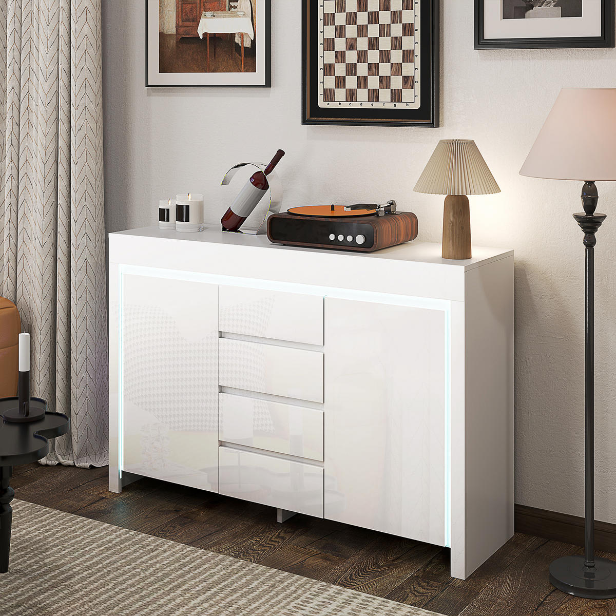 SIDEBOARD Weiß Hochglanz, LED-Beleuchtung, 4 Schubladen, 120/34/80 cm - Weiß Hochglanz, Holz (120/80/34cm) - PANGIVO