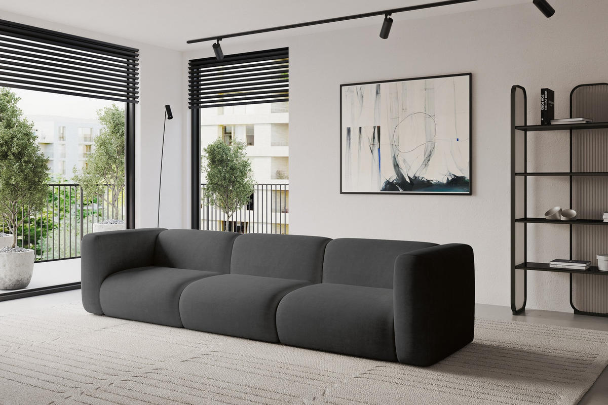 MODULÁRNÍ pohovka MIRA-S2, 3místná, 319 × 89 × 70 cm, tmavě šedá, velur - černá/tmavě šedá, kompozitní dřevo/textil (319/70/89cm) - ALTDECOR