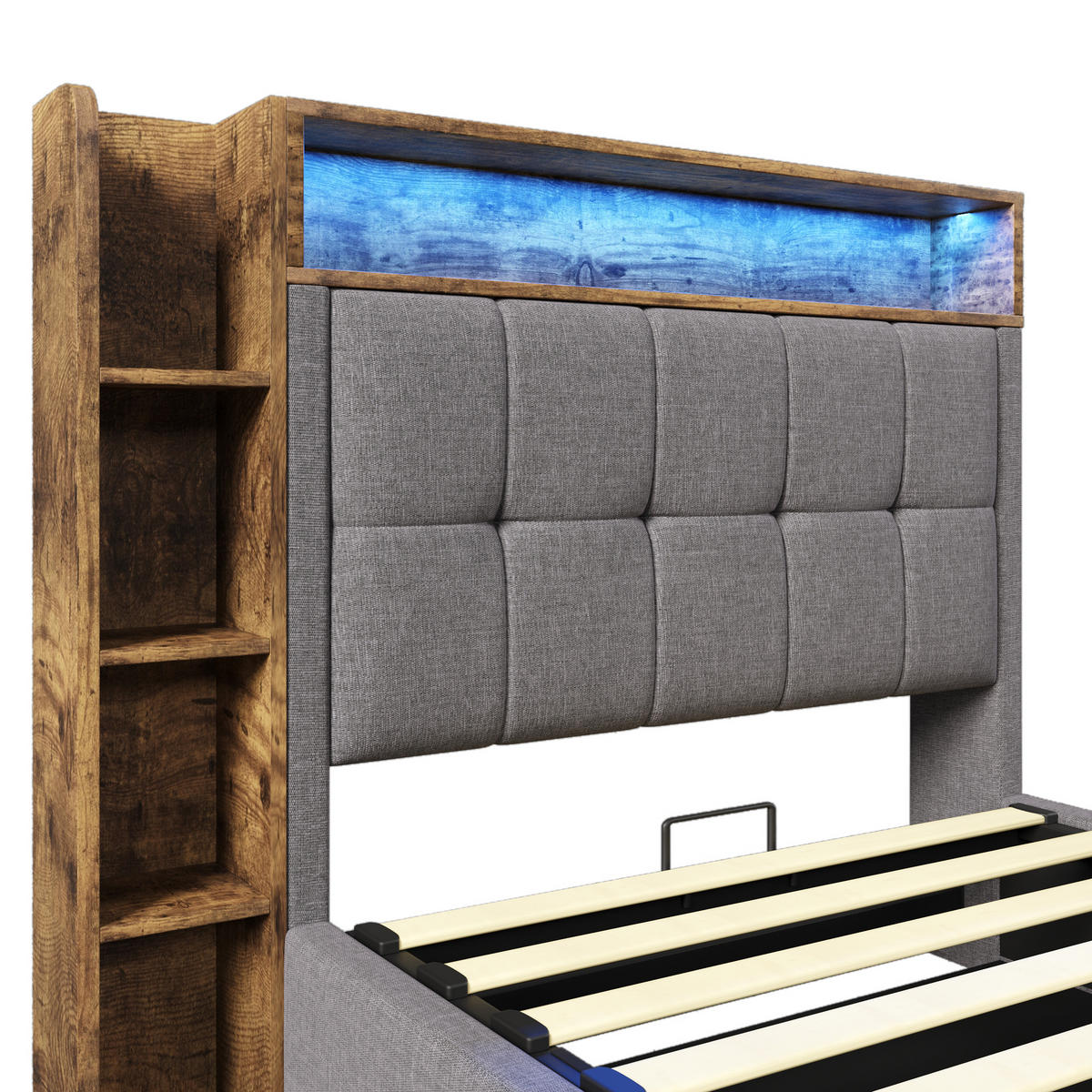 POLSTERBETT 90x200cm Grau USB-C LED-Licht App-Steuerung Leinen - Grau, Holz (90/200cm) - FLIEKS