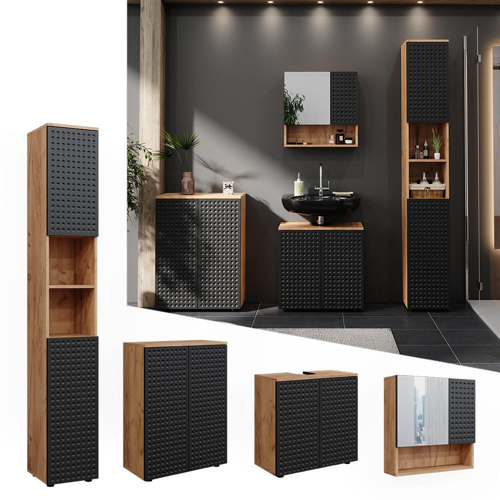 BADMÖBEL-SET Irma Anthrazit gepunktet 4 Teile mit Hochschrank und Kommode - Anthrazit/Eiche Wotan, Holzwerkstoff (80/58.6/41cm) - Vicco