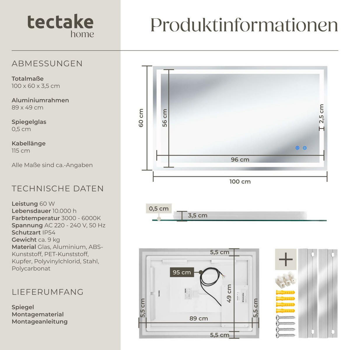 LED-BADEZIMMERSPIEGEL rechteckig Clara,inklusive Spiegelheizung,anthrazit - Anthrazit, Glas (60/100/2.5cm) - tectake