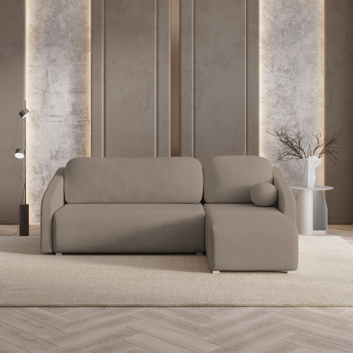 ECKSOFA MARELLO Braun Geflochtener Stoff mit Schlaffunktion - Braun, Holz (220/143cm) - MASSENO