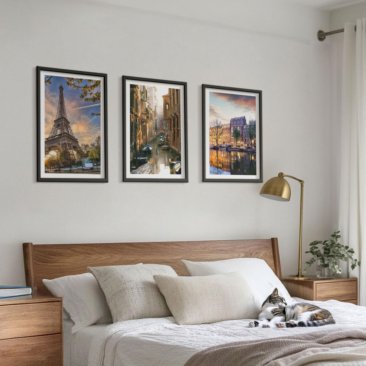 WANDBILDER 3er-Set - 40x60 cm Schwarzer Rahmen - Eiffelturm Venedig Amsterdamer Kanäle - Schwarz, Kunststoff (40/60cm) - ArtPrintCave