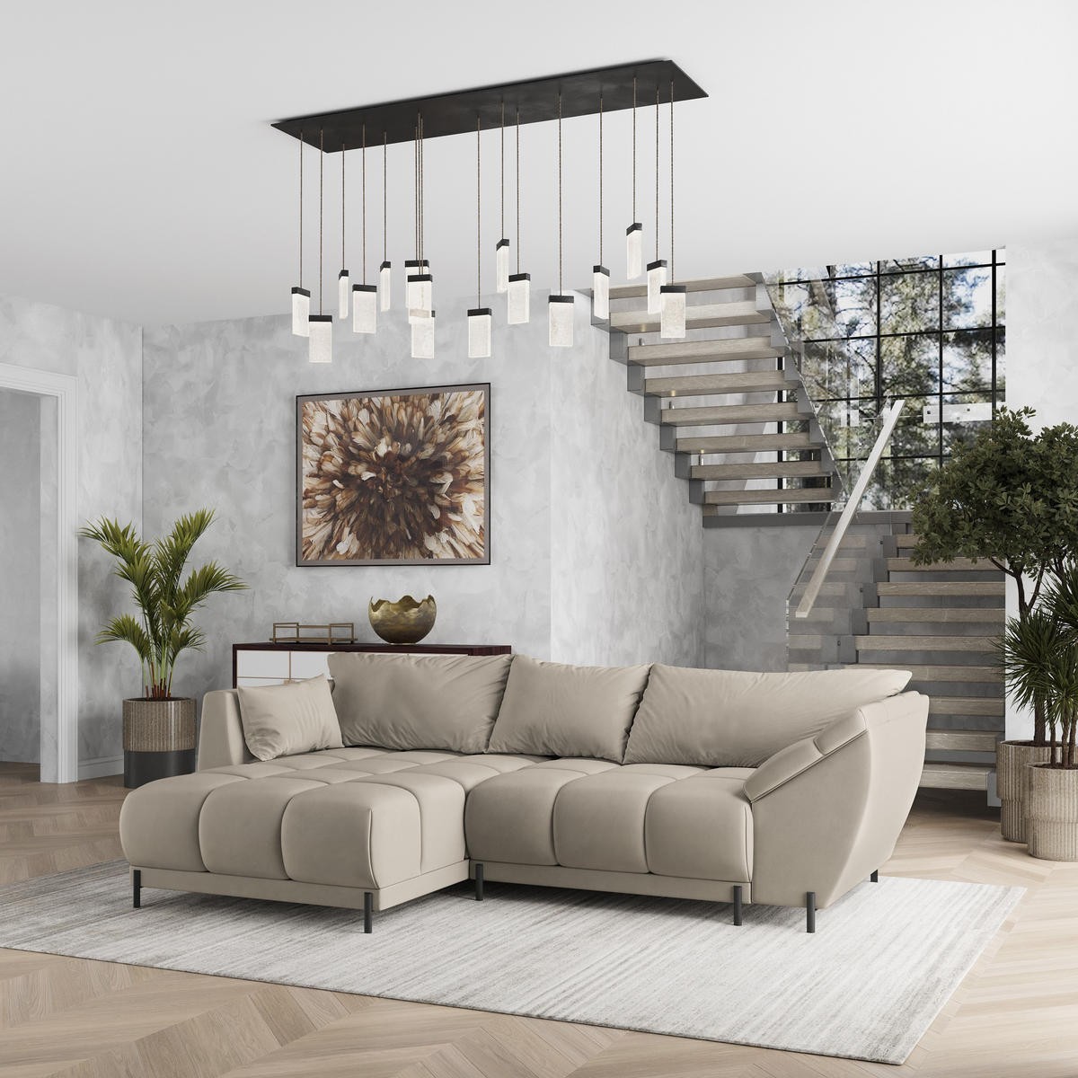 ECKSOFA VESTANO L-S Beige Velours-Stoff mit Schlaffunktion - Beige, Holz (287/182cm) - MASSENO