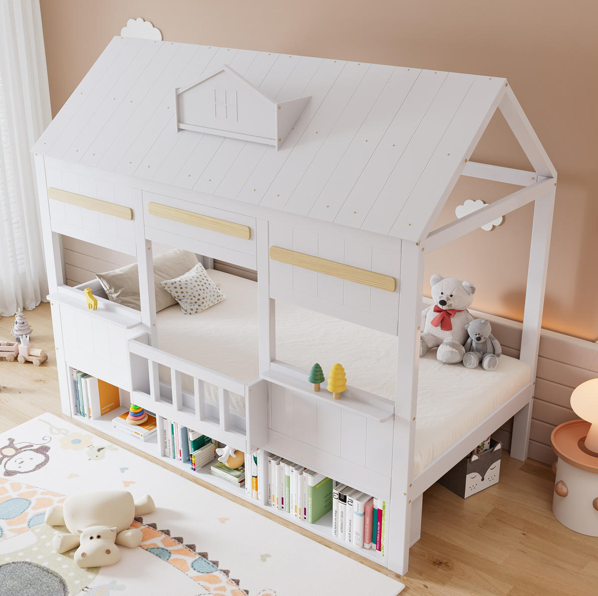 HAUSBETT 90/200 cm Weiß aus Kiefer und MDF mit Bücherregal - Weiß, Holz (90/200cm) - OKMYHOME