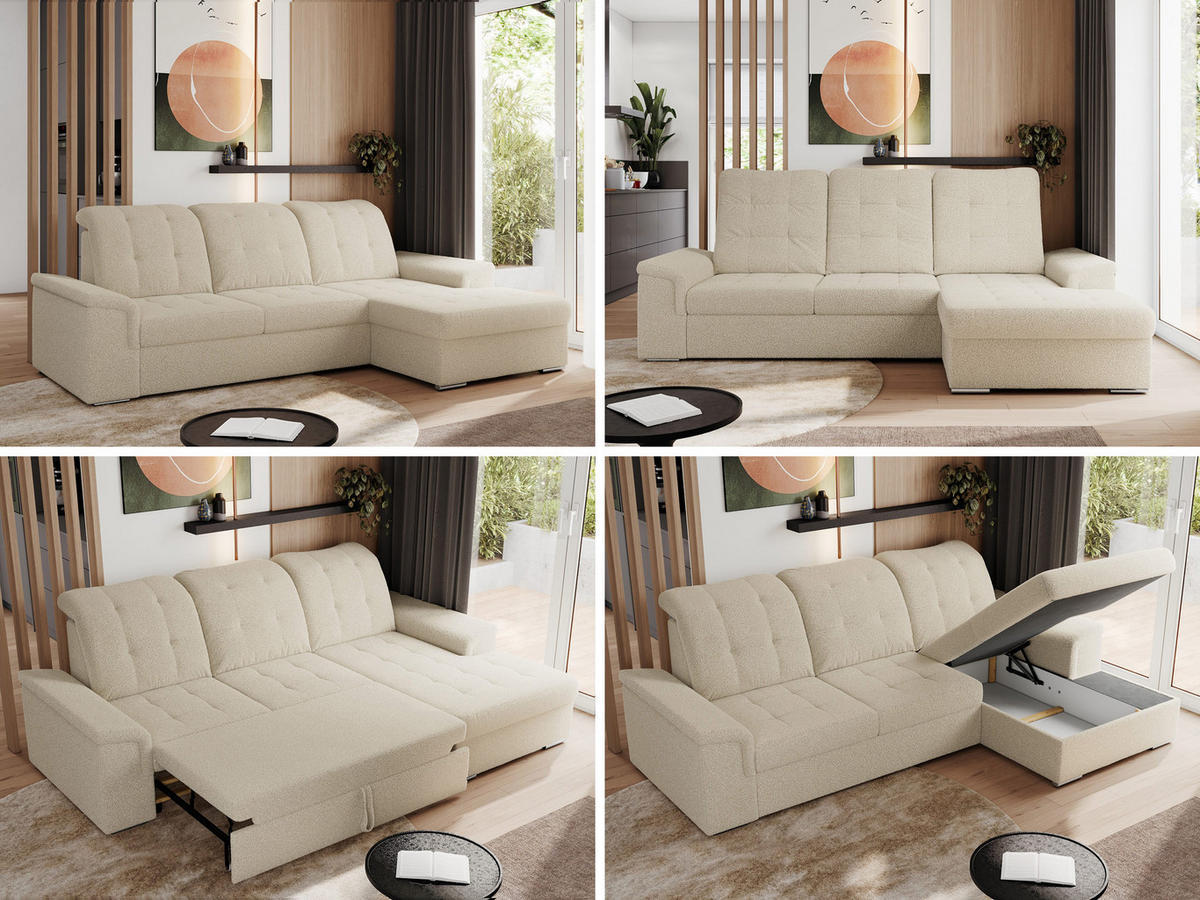 ECKSOFA MADRITO L - Beige Boucle - Rechts - Beige/Silberfarben, Textil/Metall (256/160cm)