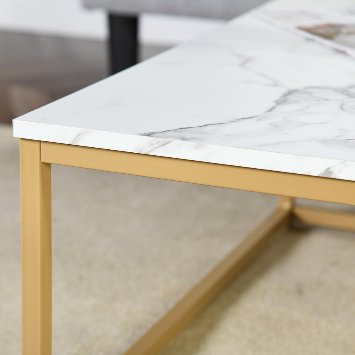 COUCHTISCH quadratisch Marmorimitation goldener Stahlrahmen - Schwarz/Weiß, Holz/Metall (80/80/34cm) - Urban Meuble