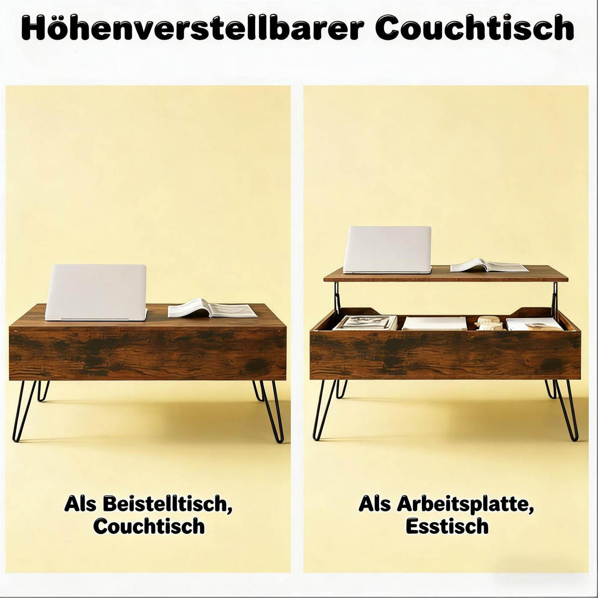 COUCHTISCH 95/50/40-55,5 cm höhenverstellbar mit Stauraum und Metallgestell in V-Form, Rustikales Braun - Braun, Holzwerkstoff (95/50/55.5cm) - Redom
