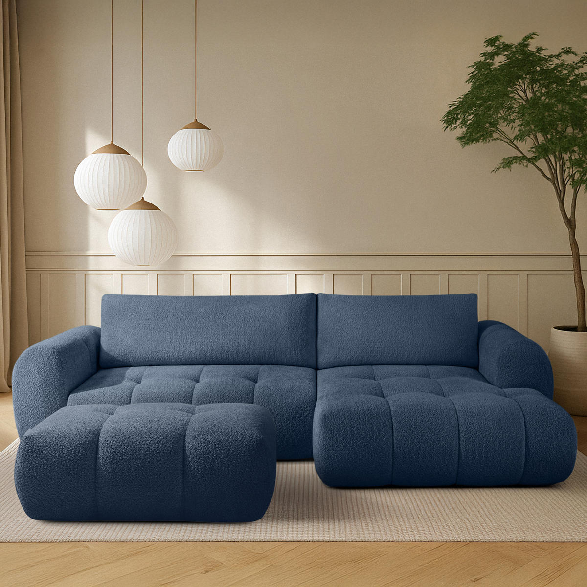 ECKSOFA MIT HOCKER LIRA, Dunkelblau, Bouclé - Dunkelblau, Holz/Holzwerkstoff (96/50cm) - KONSIMO®