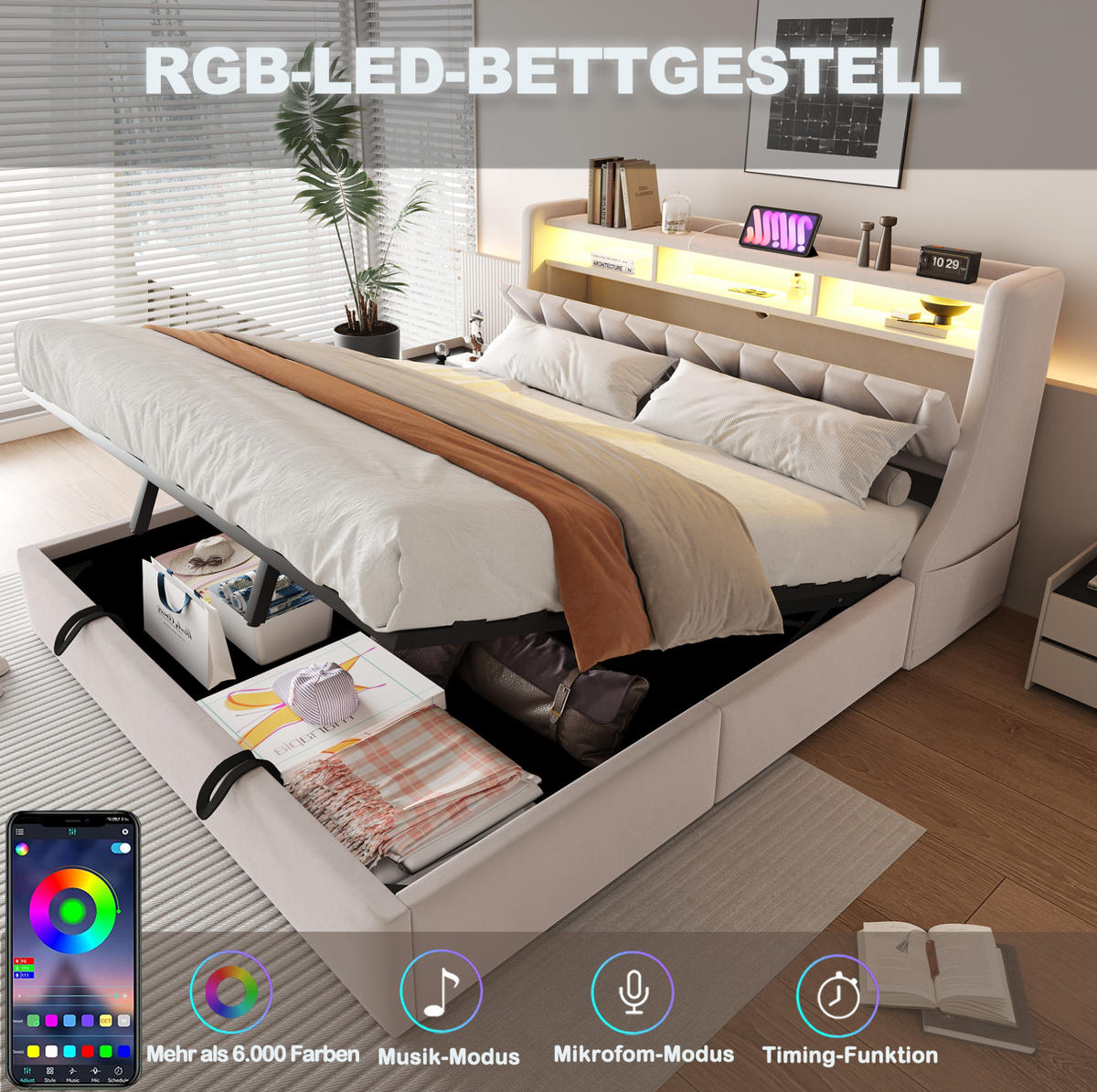 POLSTERBETT 90/180x190 cm aus Flanell mit LED, Steckdosen und Ablagefächern Hellgrau - Hellgrau, Textil (90/190cm) - Modenvie