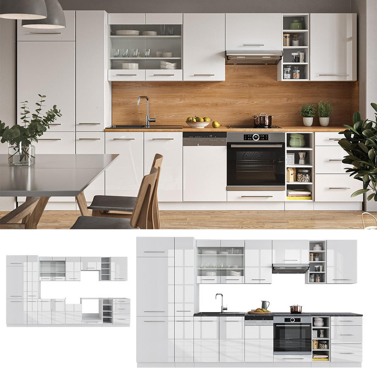 KÜCHENZEILE Fame-Line Weiß Hochglanz/Weiß 355 cm ohne Arbeitsplatte - Weiß Hochglanz/Weiß, Holzwerkstoff (355/81.6/46cm) - Vicco