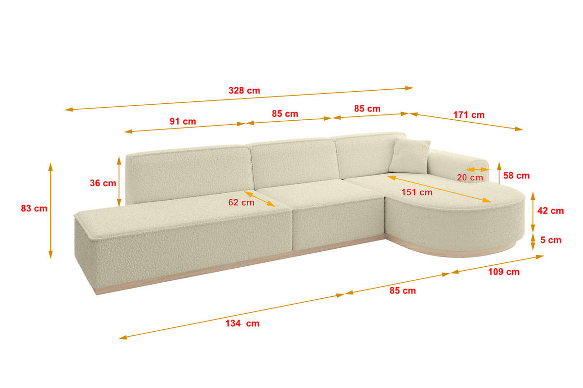 ECKSOFA Ottomane Rechts ARRIO-L2 - 328x171x83 cm Beige - Beige, Holzwerkstoff/Textil (328/171cm) - ALTDECOR
