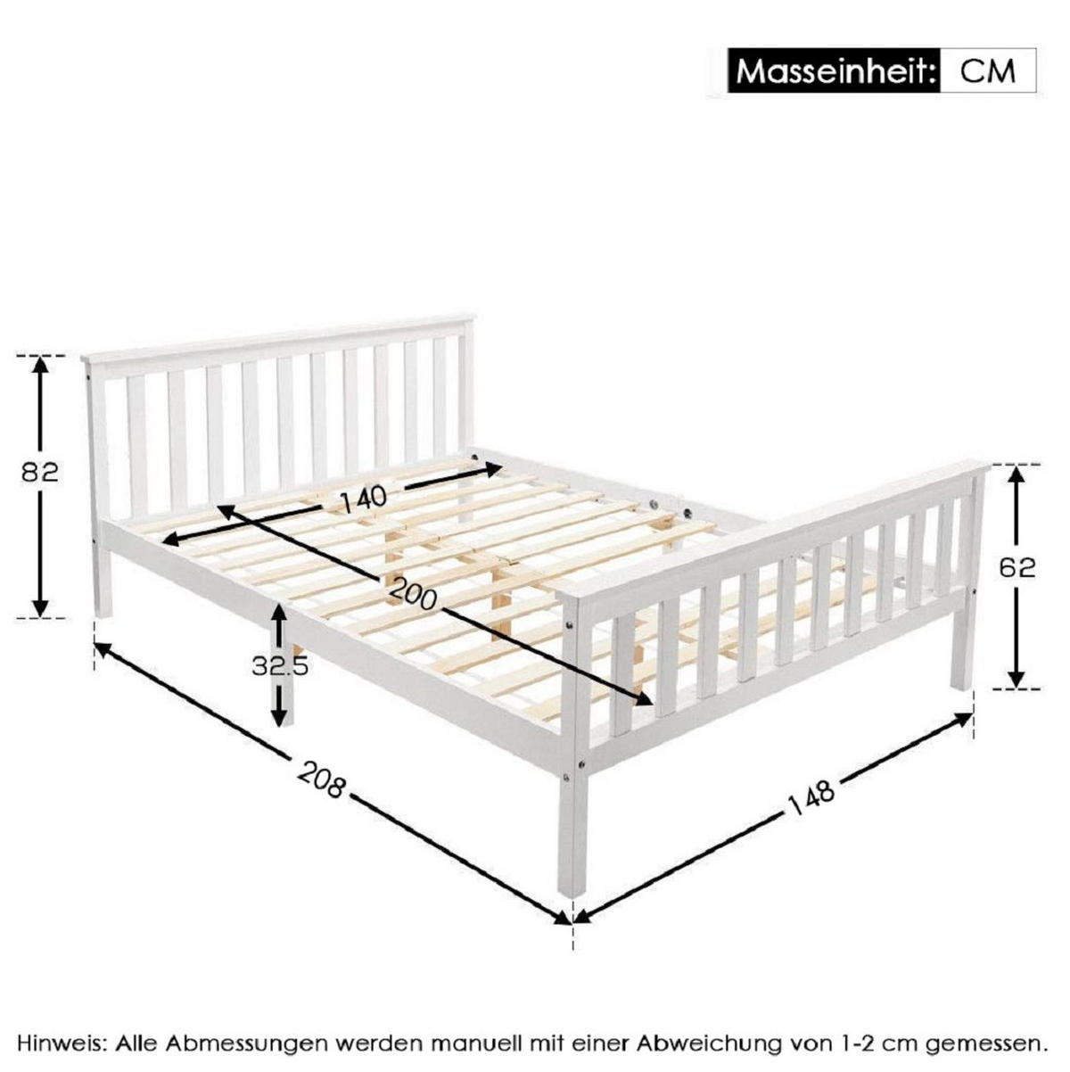 BETT 140/200 cm Weiß aus Massivholz mit Lattenrost - Weiß, Holz (140/200cm) - OKMYHOME