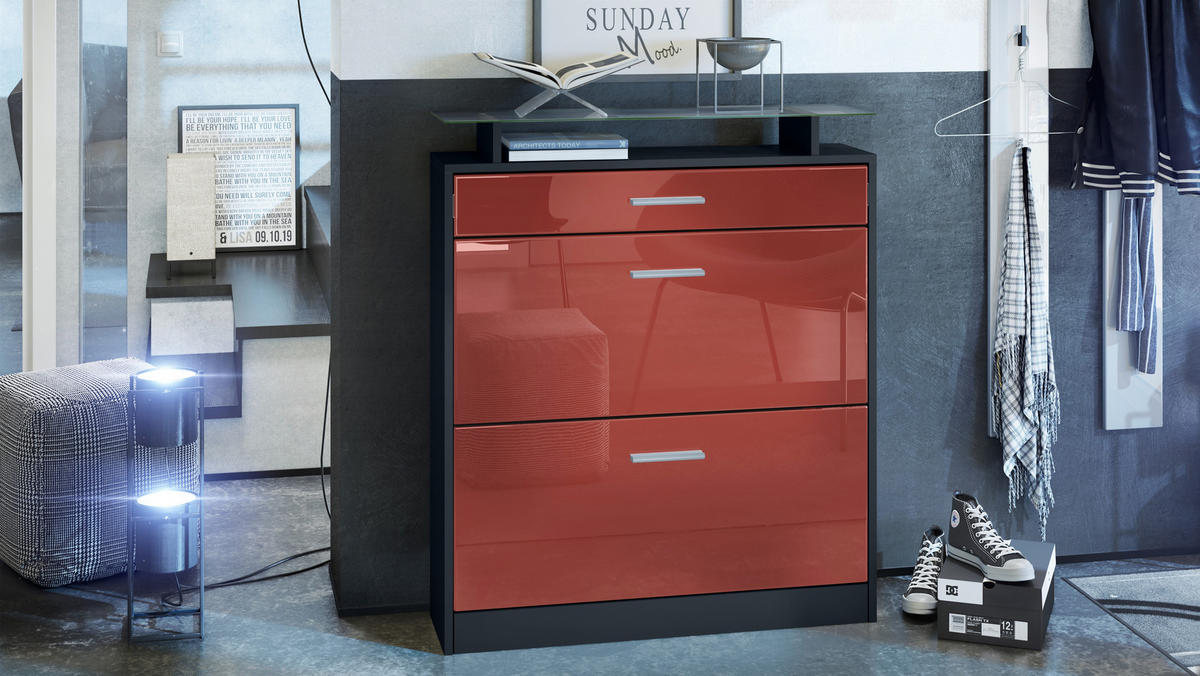 SCHUHSCHRANK Loret Front in Bordeaux Hochglanz - Bordeaux, Holzwerkstoff (89/104/23cm) - Vladon