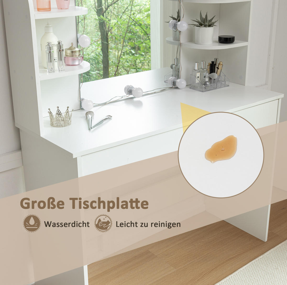 SCHMINKTISCH aus MDF 105x40x130 cm Weiß mit LED-Beleuchtung, 3-teiligem Spiegel und viel Stauraum - Weiß, Holzwerkstoff (105/130/40cm) - Modfu