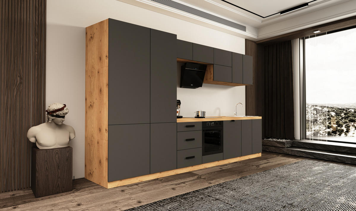 KÜCHENZEILE 360 cm - Langen KL19-M360 - in Grau / Matt - Schwarz/Grau, Holz/Metall (360/212/58cm)