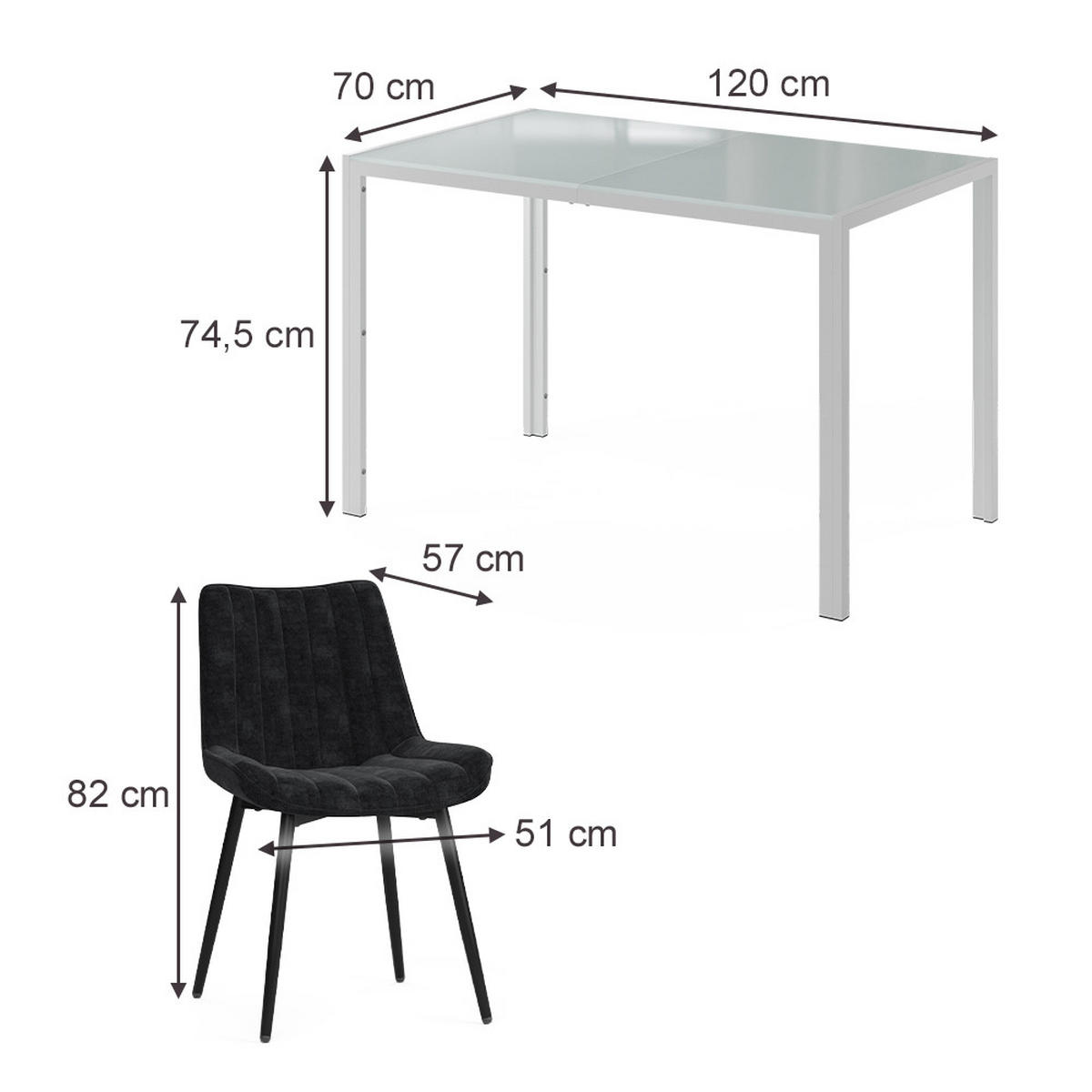 JÍDELNÍ STŮL SESTAVA Grand, Bílá, 120 x 70 cm se 4 židlemi (černé) - bílá, sklo (120/74.5/70cm) - Vicco