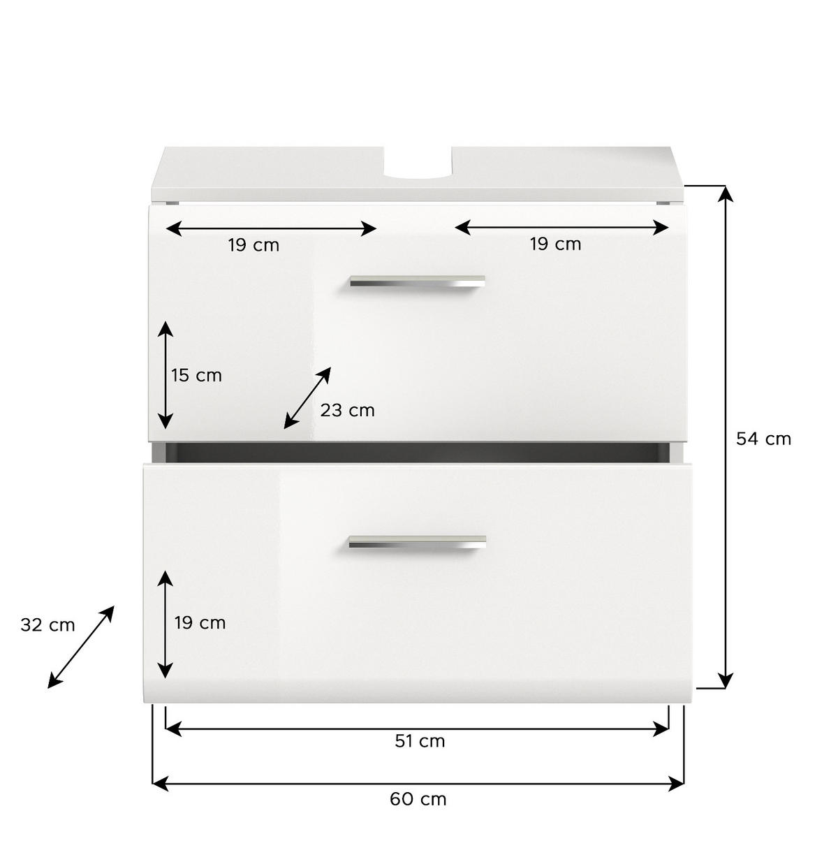WASCHBECKENUNTERSCHRANK weiß Hochglanz, Badezimmer Unterschrank 60 cm - Weiß Hochglanz/Schwarz, Holzwerkstoff/Kunststoff (60/54/30cm) - Inn.Furn