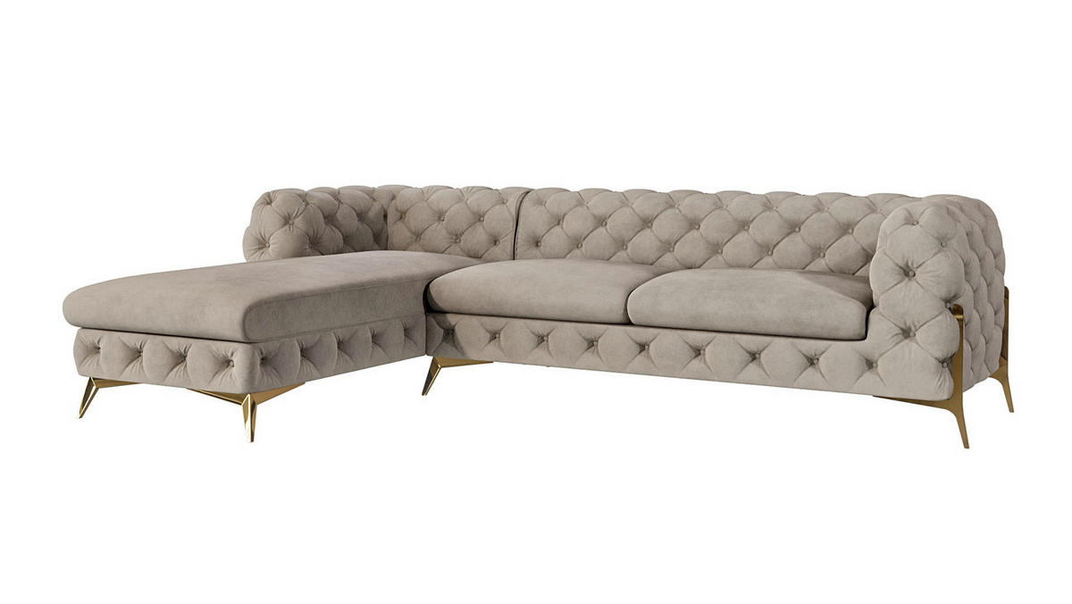 ECKSOFA Chesterfield Lexi Dunkle Creme Samt, Ottomane links - Goldfarben/Creme, Holz/Textil (305/200cm) - S-Style Möbel