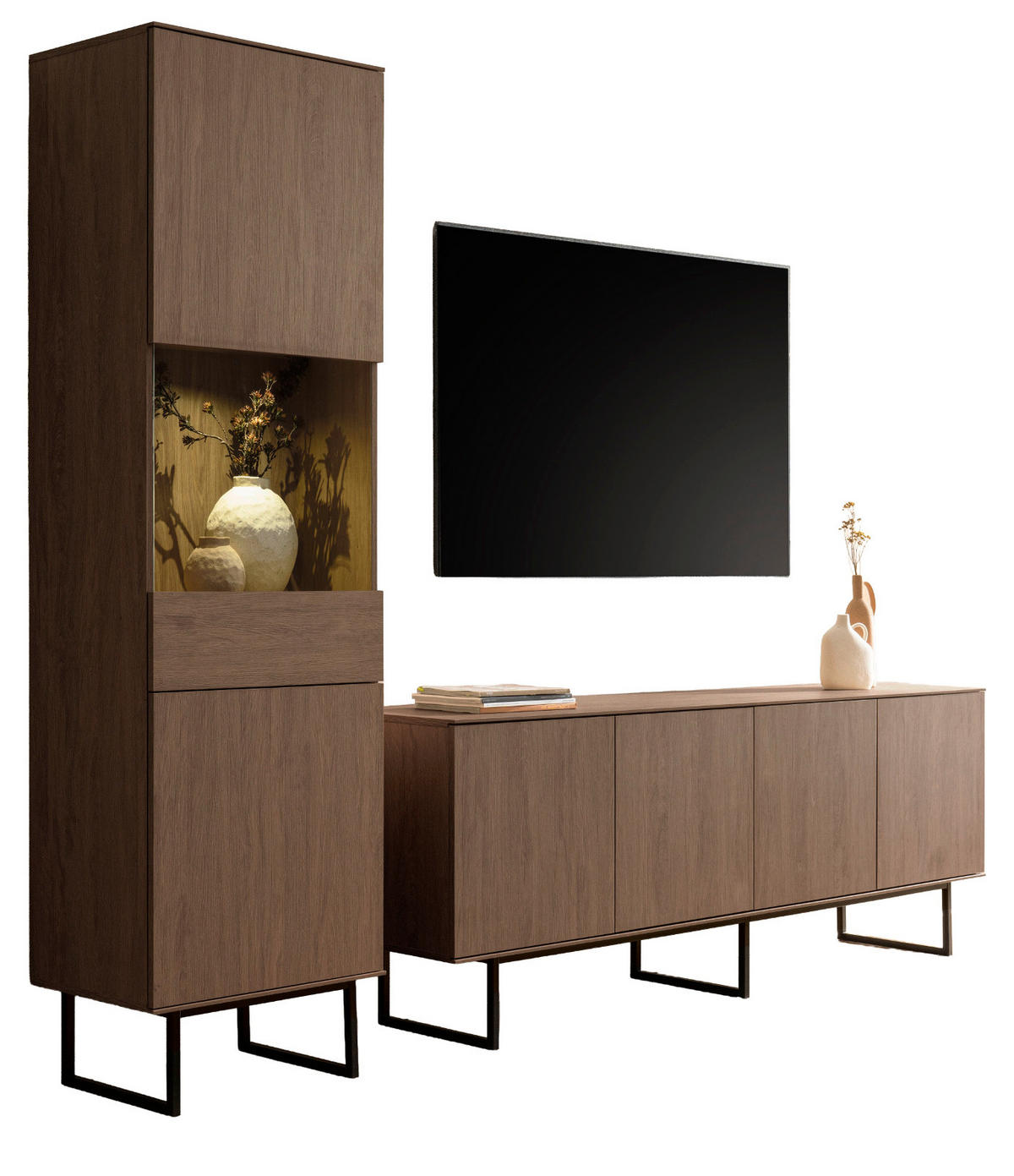 WOHNWAND in Nussbaum 2-teilig 273 cm, Wohnkombination mit Push-to-Open - Nussbaumfarben/Schwarz, Glas/Holzwerkstoff (273/200/40cm) - Furn.Design