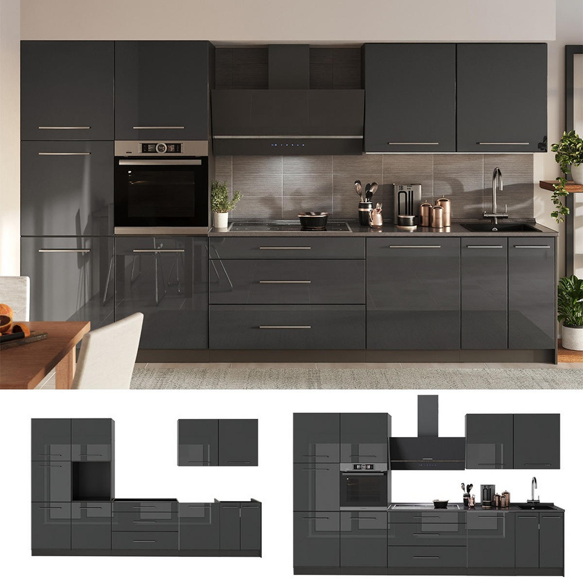 KÜCHENZEILE Fame-Line, Anthrazit Hochglanz/Anthrazit, 340 cm ohne Arbeitsplatte - Schwarz Hochglanz/Anthrazit, Holzwerkstoff (340/206.8/51.6cm) - Vicco