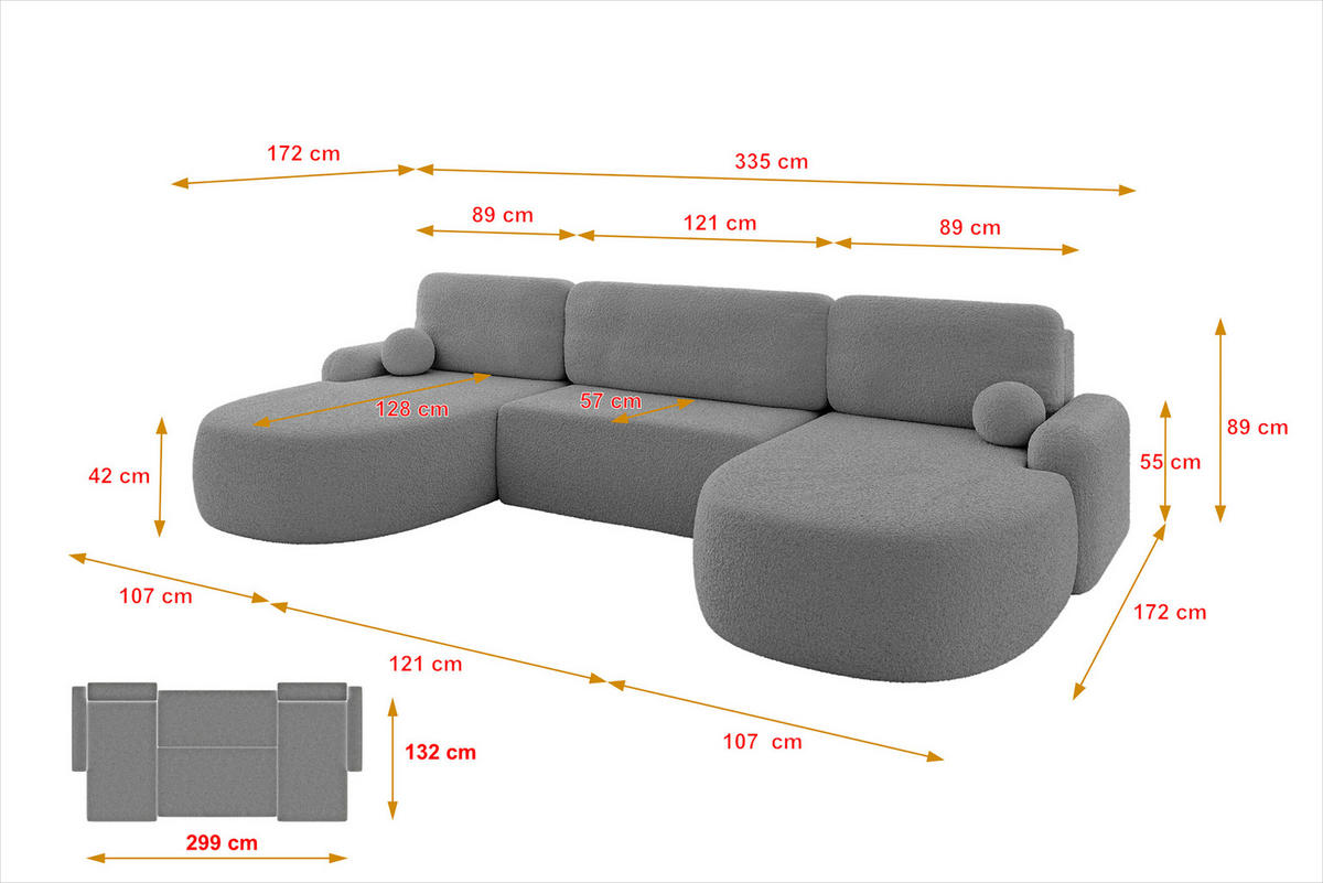 WOHNLANDSCHAFT mit Schlaffunktion und Bettkasten LIRA-U - 335x172x89 Grau - Grau, Holzwerkstoff/Textil (335/89/172cm) - ALTDECOR