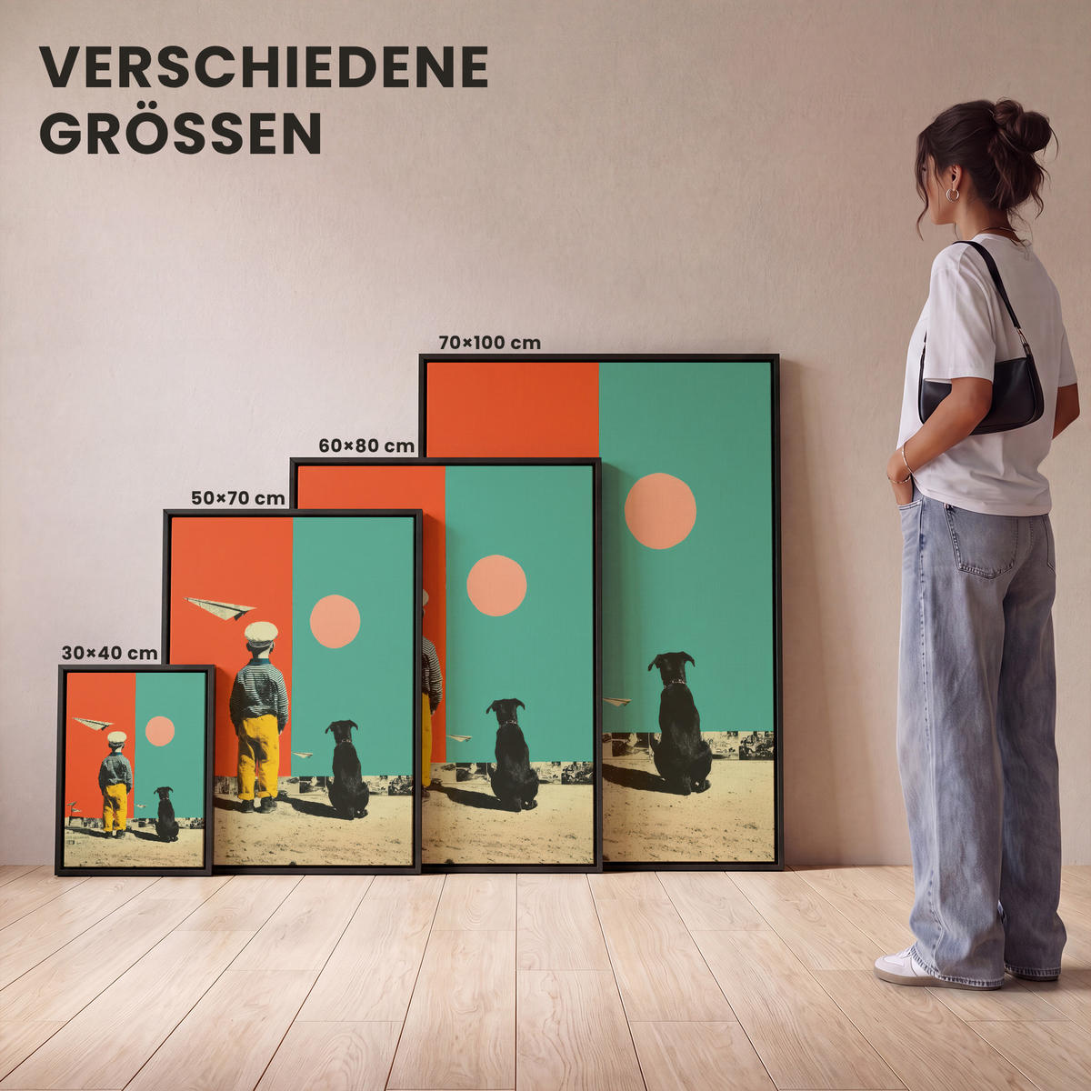LEINWAND Bilder mit Rahmen - Retro - Junge - Hund - Rot - Grün - 50x70 - Orange, Textil (50/70cm) - MuchoWow