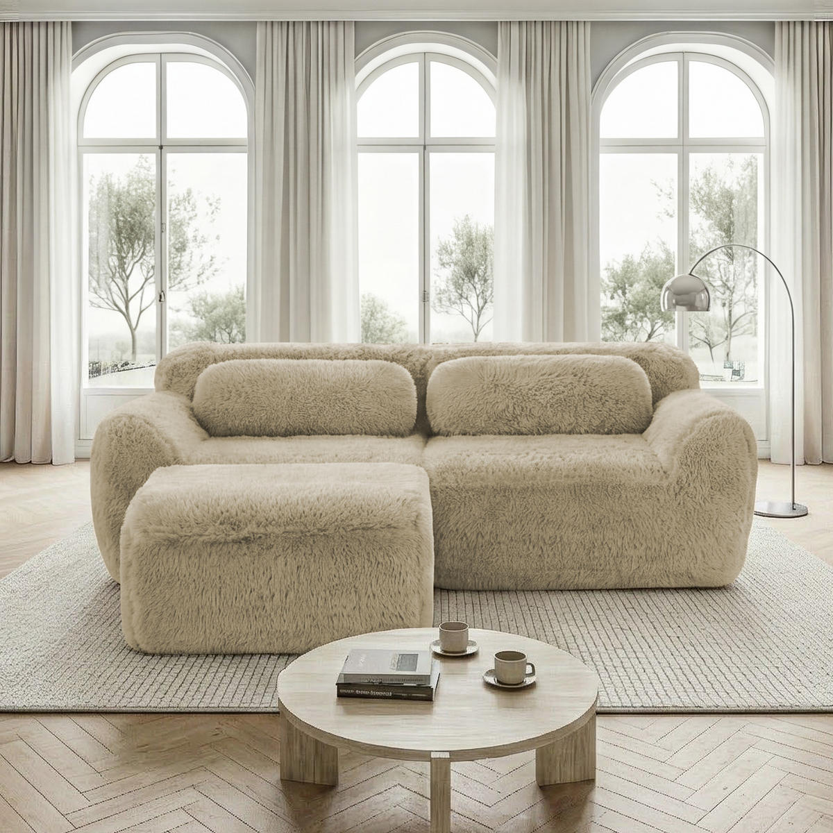 ECKSOFA 204/179/73 cm Hellkhaki aus Plüsch modular ohne Montage - Beige, Textil (179/204cm) - OKWISH