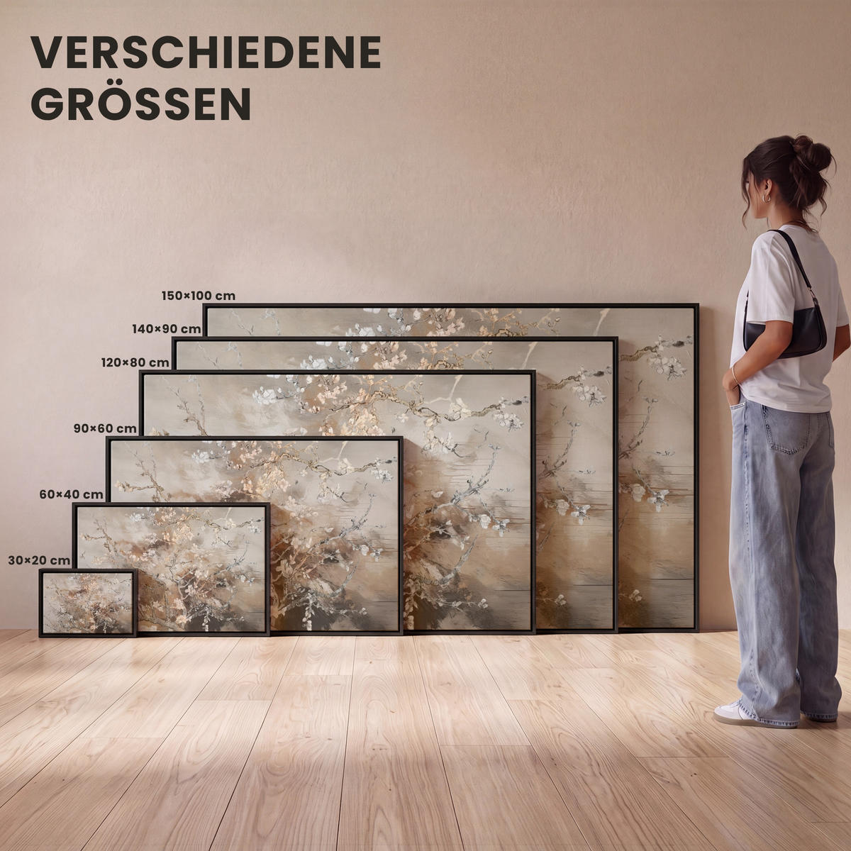 LEINWAND Bilder mit Rahmen - Mandelblüte - Kunst - Van Gogh - Beige - Abstrakt - 150x100 - Braun, Textil (150/100cm) - MuchoWow