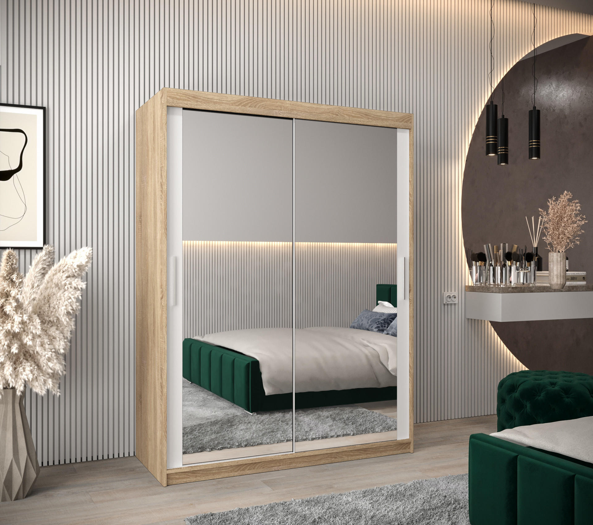 SCHWEBETÜRENSCHRANK 200/150/62 2-türig - Silberfarben/Weiß, Holz/Kunststoff (150/200/62cm) - Abiks Möbel