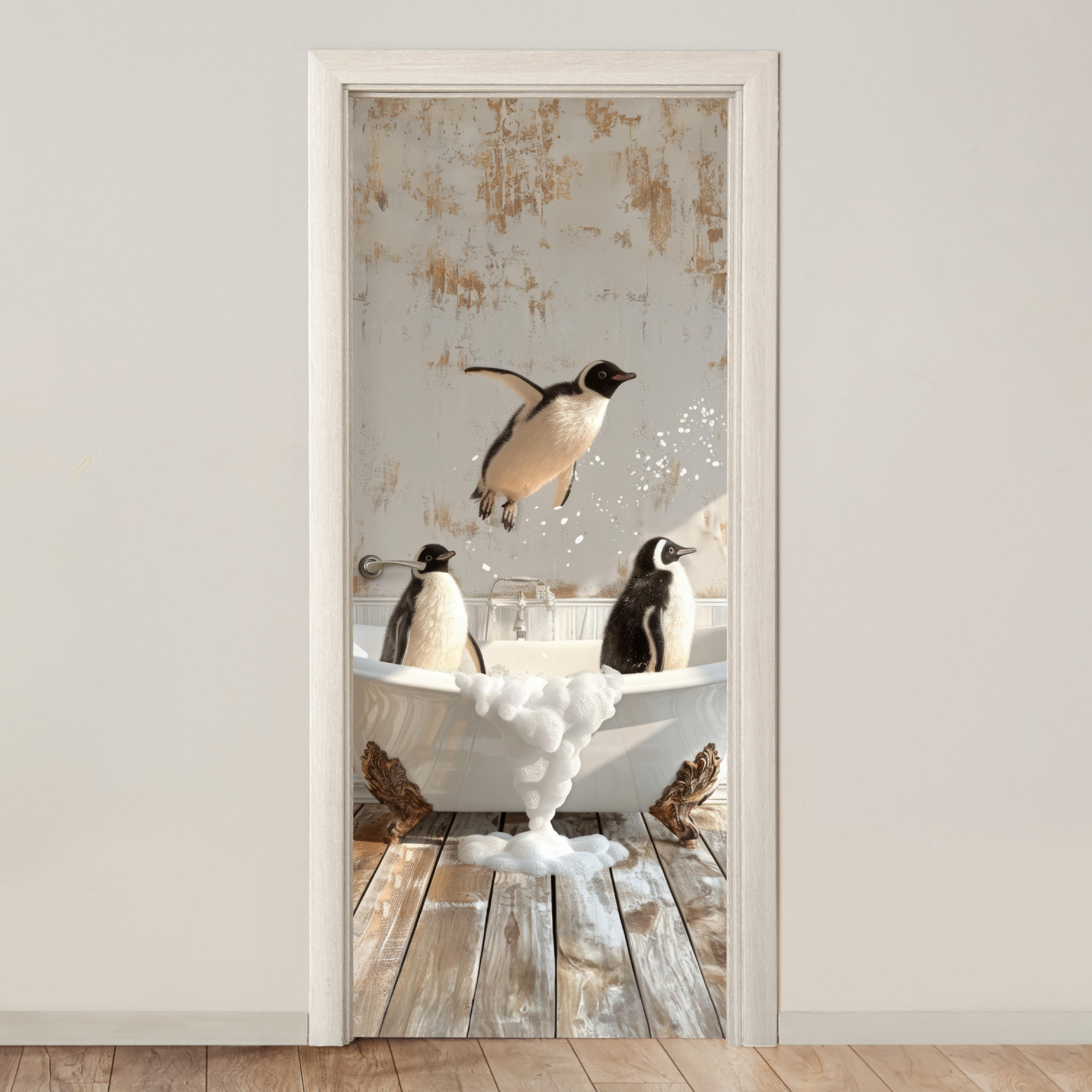 TÜRAUFKLEBER Selbstklebend - Vintage - Pinguin - Badewanne - Schaumstoff 90x205 cm - Türtapete - Hellbraun, Kunststoff (90/0.1cm) - MuchoWow