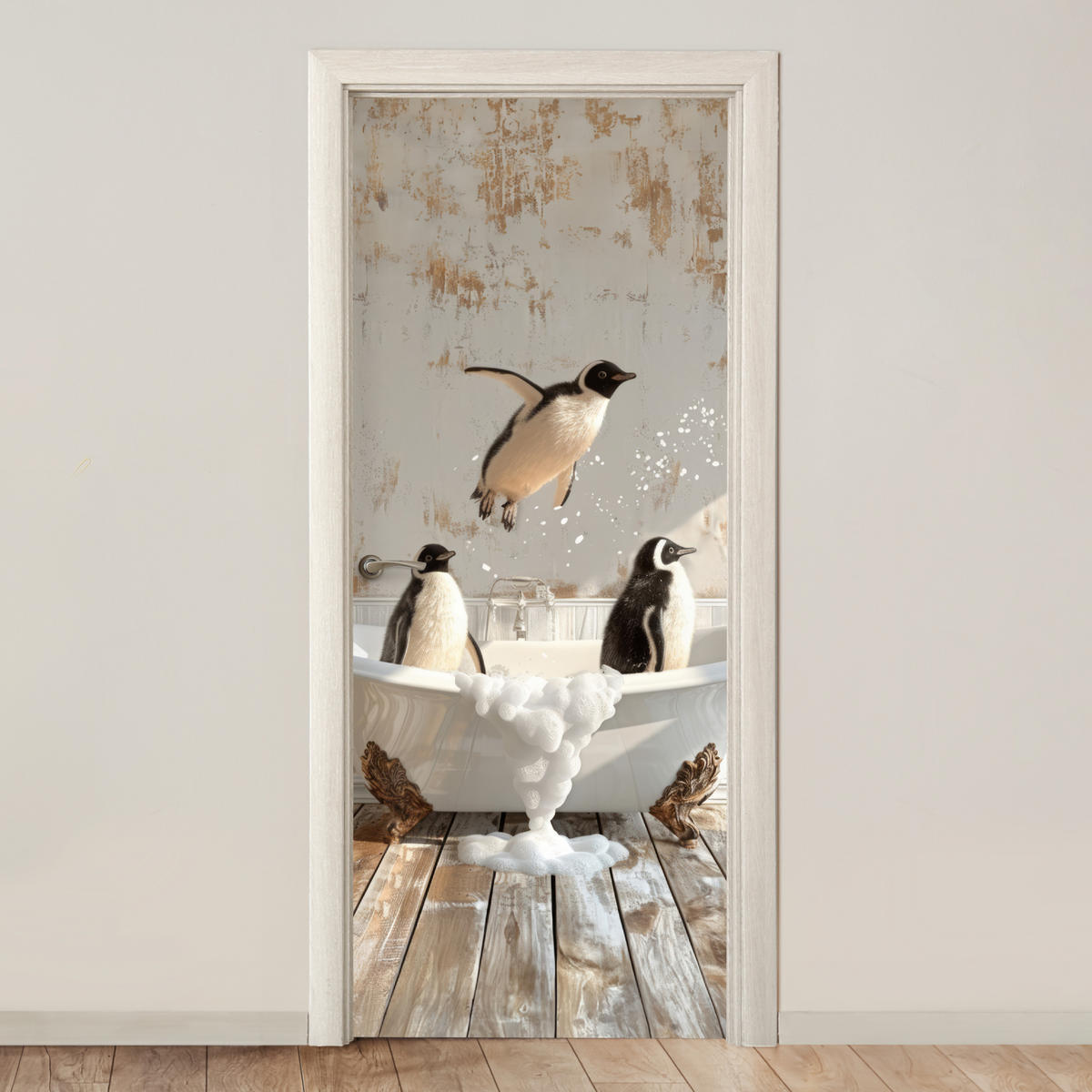 FOTOTAPETE Tür - Vintage - Pinguin - Badewanne - Schaumstoff 95x215 cm - Hellbraun, Kunststoff (95/0.1cm) - MuchoWow