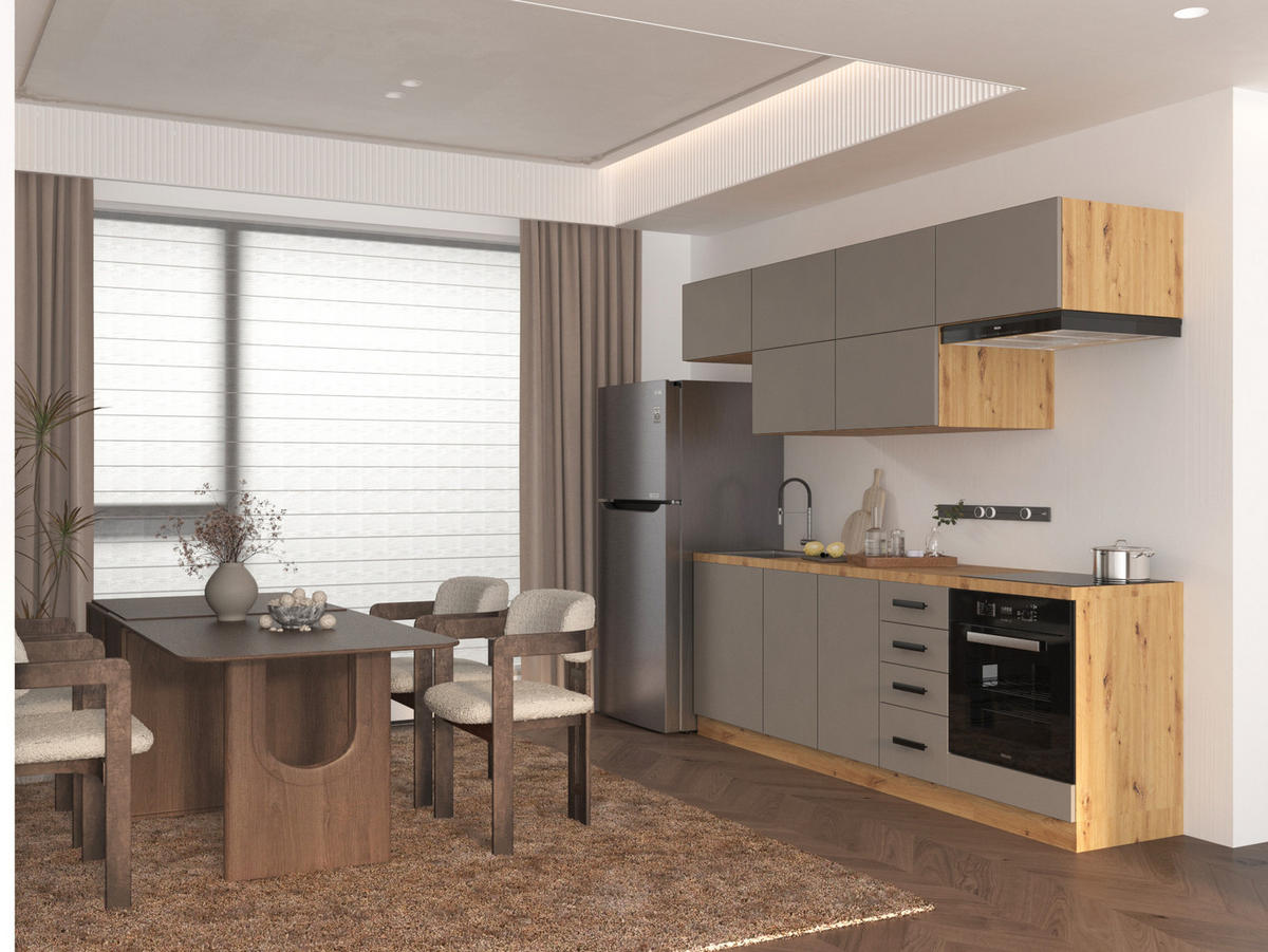 KÜCHENZEILE 240 - Langen KL2-M240 in Beige/Matt - Beige/Schwarz, Holz/Metall (240/212/58cm)