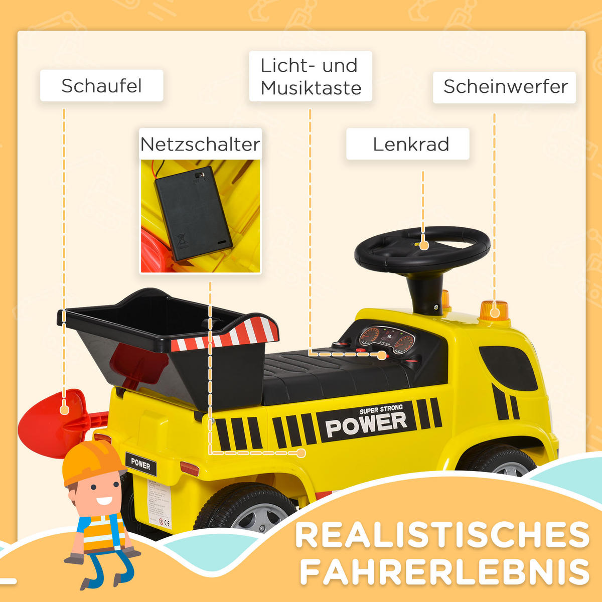 KINDER RUTSCHAUTO, Gelb, Metal+ PP-Kunststoff - Gelb, Metall (72/28.2/42cm) - HOMCOM